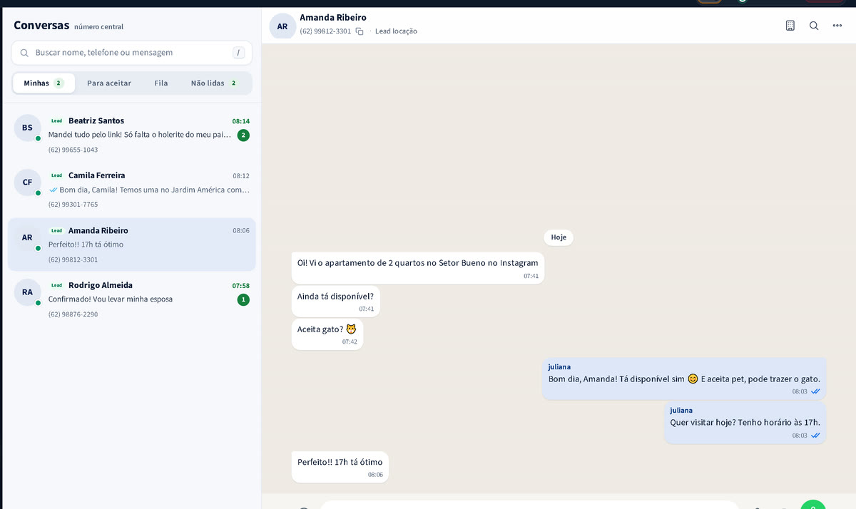 Inbox do WhatsApp da equipe com as conversas em fila e as que esperam resposta